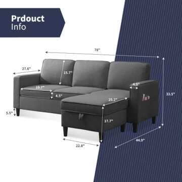 ZAFLY Convertible Modular L Shape Sofa with Storage Ottoman Sets 3-Seat Sectional Couch for Small Sp...