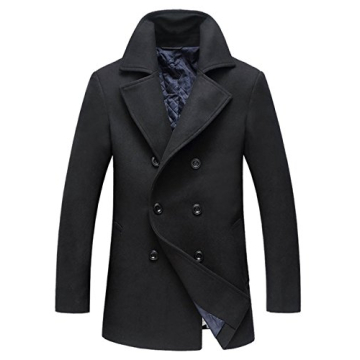 Chouyatou Men's Classic Wool Blend Pea Coat - Stylish Black Double Breasted Coat