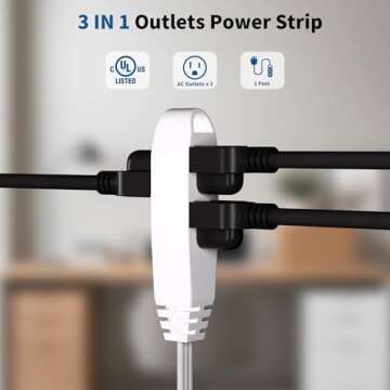 K KASONIC - 12FT Flat Plug Extension Cord, UL Listed 16/3 SPT-3 1625W Power Strip with 3 Outlets, 3 ...