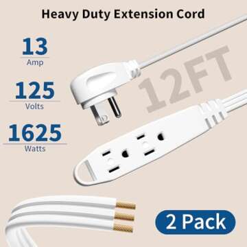 K KASONIC - 12FT Flat Plug Extension Cord, UL Listed 16/3 SPT-3 1625W Power Strip with 3 Outlets, 3 Prong Grounded 13 Amp 125V Indoor Extension Cord for Home Office, 2 Pack