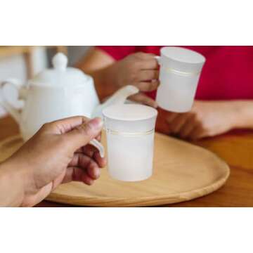 " OCCASIONS " 40 Mugs Pack, Heavyweight Disposable Wedding Party Plastic 8 oz Coffee Mugs/Tea Cups/Cappuccino Cups/Espresso Cup with Handles (8 oz Coffee, White & Gold Rim)