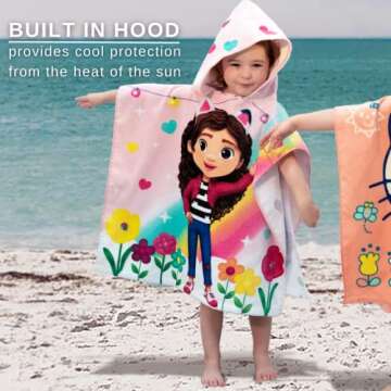 Franco DreamWorks Gabby's Dollhouse Kids Beach/Pool/Bath/Camping Hooded Towel Poncho 24" X 22", Absorbent Cotton Cover up, (Official DreamWorks Product)