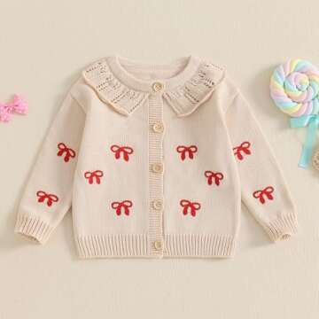Baby Girl Bow Sweater Cardigan Open Front Button Down Long Sleeve Knitwear Coat Toddler Fall Spring ...