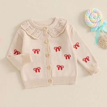 Baby Girl Bow Sweater Cardigan Open Front Button Down Long Sleeve Knitwear Coat Toddler Fall Spring Clothes (Cream, 3-6 Months)