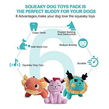 UNIWILAND Latest Squeaky Plush Dog Toys Pack for Puppy, Cute Soft 3 Pack Durable Stuffed Animal Dog Chew Toys with Squeakers for Teeth Cleaning, for Small Medium Large Dogs