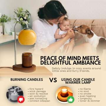 Kimikata Modern Candle Warmer Lamp with Timer and Dimmer, Dimmable Electric Candle Lamp Warmer, Wax Melt Warmer, Glass with Wood Base, Home Decor Gifts 2 Bulbs Included (Brown and Stained Wood Base)