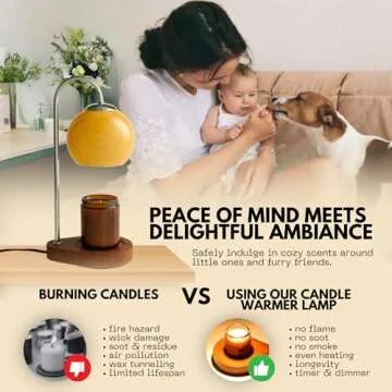 Kimikata Modern Candle Warmer Lamp with Timer and Dimmer, Dimmable Electric Candle Lamp Warmer, Wax Melt Warmer, Glass with Wood Base, Home Decor Gifts 2 Bulbs Included (Brown and Stained Wood Base)