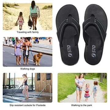 STQ Women's Comfortable Non-Slip Yoga Flip Flops - All Black