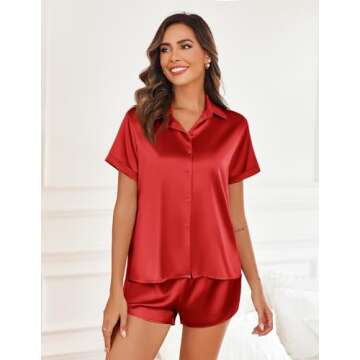 Ekouaer Valentines Silk Pajamas Set for Women Short Sleeve Button-Down Sleepwear Tops and Shorts 2 P...