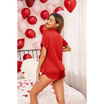 Ekouaer Valentines Silk Pajamas Set for Women Short Sleeve Button-Down Sleepwear Tops and Shorts 2 Piece Pjs Red L