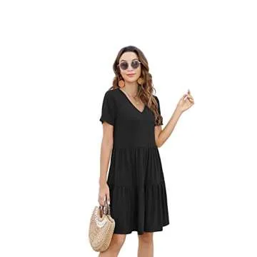 Arolina Women's Casual Swing Shift Dress Summer V Neck Short Sleeve Babydoll Ruffle Dress Tunic Dress (Black,M)
