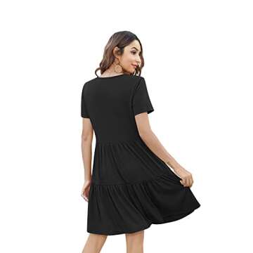 Arolina Women's Casual Swing Shift Dress Summer V Neck Short Sleeve Babydoll Ruffle Dress Tunic Dress (Black,M)