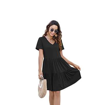 Arolina Women's Casual Swing Shift Dress Summer V Neck Short Sleeve Babydoll Ruffle Dress Tunic Dress (Black,M)