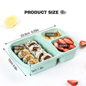 PUiKUS 4 Pack Bento Lunch Box, 3 Compartment Meal Prep Containers, Lunch Box Containers for Kids Adults, Plastic Reusable Food Storage Containers - Stackable, Suitable for Schools,Work and Travel