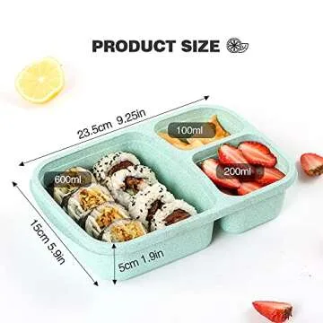 PUiKUS 4 Pack Bento Lunch Box, 3 Compartment Meal Prep Containers, Lunch Box Containers for Kids Adults, Plastic Reusable Food Storage Containers - Stackable, Suitable for Schools,Work and Travel