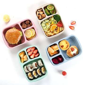 PUiKUS 4 Pack Bento Lunch Box, 3 Compartment Meal Prep Containers, Lunch Box Containers for Kids Adults, Plastic Reusable Food Storage Containers - Stackable, Suitable for Schools,Work and Travel