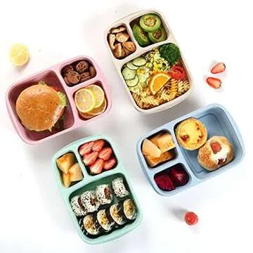 PUiKUS 4 Pack Bento Lunch Box, 3 Compartment Meal Prep Containers, Lunch Box Containers for Kids Adults, Plastic Reusable Food Storage Containers - Stackable, Suitable for Schools,Work and Travel