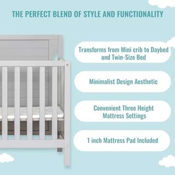 Dream On Me Bellport Convertible Mini/Portable Crib I Mini Baby Crib I Includes