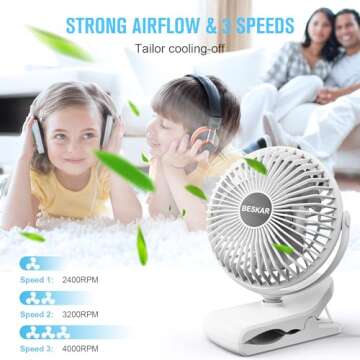 BESKAR Clip on Fan, 360° Rotation Quiet Stroller Fan with Strong Airflow,3 Speeds, Portable Small F...