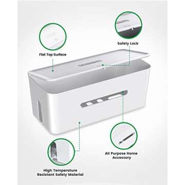 ORICO Cable Management Box with Lock Lid, 12.6" X 6" X 5.3" Cable Organizer Box Made from Electrically Safe ABS Material, Medium Cable Storage Box to Cover & Hide Power Strips & Cords-White