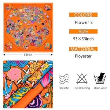 53” Large Head Scarf for Women - Silk Satin Scarf for Hair Wrapping at Night Bandana Square Scarf for Sleeping (Flower E)