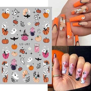 Halloween Nail Stickers, Halloween Nail Art Decals 3D Self-Adhesive Pink Ghost Skull Pumpkin Spider Web Halloween Nail Design DIY Holiday Nail Decoration Women Kids for Halloween Party (6 Sheets)