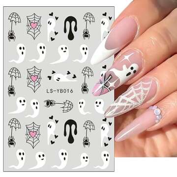 Halloween Nail Stickers, Halloween Nail Art Decals 3D Self-Adhesive Pink Ghost Skull Pumpkin Spider Web Halloween Nail Design DIY Holiday Nail Decoration Women Kids for Halloween Party (6 Sheets)