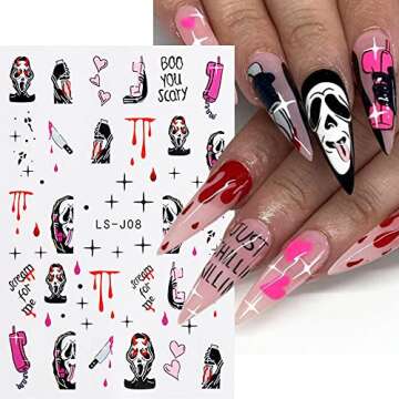 Halloween Nail Stickers, Halloween Nail Art Decals 3D Self-Adhesive Pink Ghost Skull Pumpkin Spider Web Halloween Nail Design DIY Holiday Nail Decoration Women Kids for Halloween Party (6 Sheets)