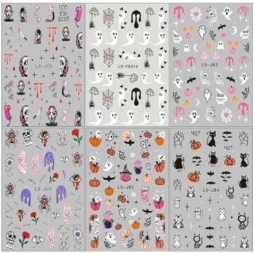 Halloween Nail Stickers, Halloween Nail Art Decals 3D Self-Adhesive Pink Ghost Skull Pumpkin Spider Web Halloween Nail Design DIY Holiday Nail Decoration Women Kids for Halloween Party (6 Sheets)