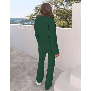 MEROKEETY Women's 2 Piece Outfits Fuzzy Fleece Pajama Set Long Sleeve Top Wide Leg Pants Loungewear,Green,S