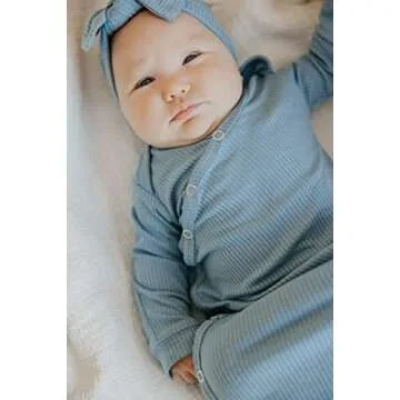 Copper Pearl Baby Gown - Knotted Newborn Sleepers for Baby Boy and Girl, Soft Stretchy Long Sleeve Infant Gowns with Bottom Tie and Hand Mittens, Perfect Hospital Coming Home Outfit (Atlantic)