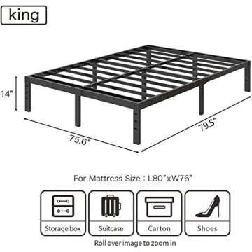 JENLLY King Bed Frame 14 Inch Metal Platform Bed Frame with Heavy Duty Steel Slat Support/Noise-Free...