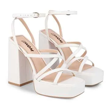 ISNOM Women's Heeled Chunky Platform Sandals White Block Heels