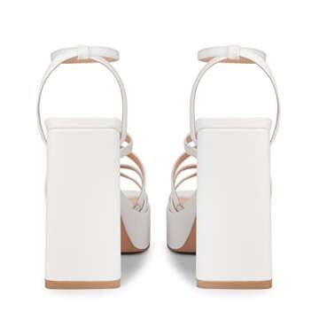 ISNOM Women's Chunky Heel White Ankle Strap Sandals