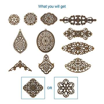 FASHEWELRY 120Pcs/box Antique Bronze Iron Filigree Connector Charm Pendants Tibetan Metal Filigree Findings for DIY Hairpin Necklace Jewelry Making