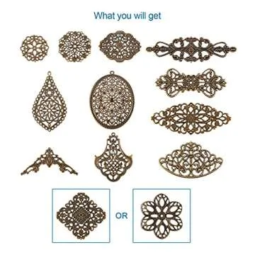 FASHEWELRY 120Pcs/box Antique Bronze Iron Filigree Connector Charm Pendants Tibetan Metal Filigree Findings for DIY Hairpin Necklace Jewelry Making