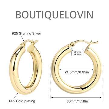 BOUTIQUELOVIN 14K Gold Plated Chunky Gold Hoop Earrings for Women Lightweiht Tube Hoops Hypoallergenic Sterling Silver Post Thick Hoop Earrings