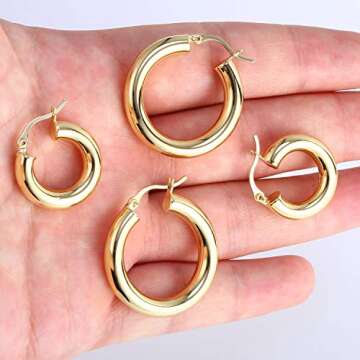 BOUTIQUELOVIN 14K Gold Plated Chunky Gold Hoop Earrings for Women Lightweiht Tube Hoops Hypoallergenic Sterling Silver Post Thick Hoop Earrings