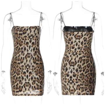 RARITYUS Women's Glitter Sequin Leopard Print Mini Dress Sexy Sleeveless Spaghetti Strap Bodycon Short Dress Party Club Dress