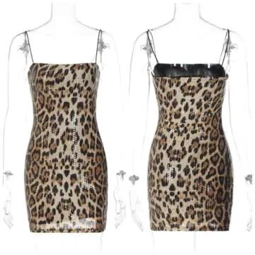 RARITYUS Women's Glitter Sequin Leopard Print Mini Dress Sexy Sleeveless Spaghetti Strap Bodycon Short Dress Party Club Dress