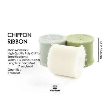Vitalizart Sage Green Handmade Chiffon Silk Ribbon Fringe 1.5" x 21 Yd Frayed Edges Ribbons for Wedd...