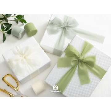 Vitalizart Sage Green Handmade Chiffon Silk Ribbon Fringe 1.5" x 21 Yd Frayed Edges Ribbons for Wedding Invitations Bridal Bouquets Gifts Wrapping Crafts Holiday Party Decorations