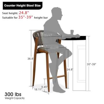 PURPLE LEAF Counter Height Bar Stool Set of 2 Modern Aluminum Rattan Wicker Outdoor Barstools with B...