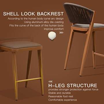 PURPLE LEAF Counter Height Bar Stool Set of 2 Modern Aluminum Rattan Wicker Outdoor Barstools with Backrest and Cushion for Kitchen Lawn Pool Bar Chairs Brown