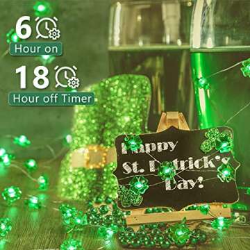 BrizLabs 2 Pack Shamrock String Lights, 17.06ft 50 LED Green Lucky Clover Light, Battery Powered Silver Wire Lights for St.Patrick's Day Irish Day Party Home Decor