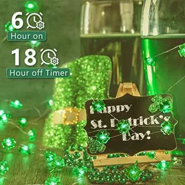 BrizLabs 2 Pack Shamrock String Lights, 17.06ft 50 LED Green Lucky Clover Light, Battery Powered Silver Wire Lights for St.Patrick's Day Irish Day Party Home Decor