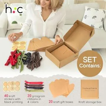 Kraft Gift Boxes with Ribbons & Stickers - 20 Pack