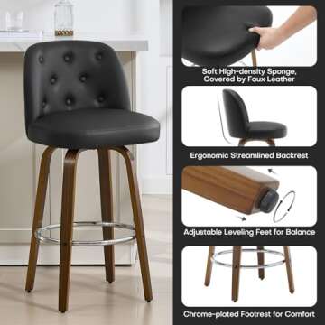 Bekrvio Bar Stools Set of 3, 26" Counter Height Swivel Bar Stools with Back,Walnut Bentwood Legs, Faux Leather Upholstered Counter Stools, Modern Counter Chairs Bar Stool for Kitchen Island, Black