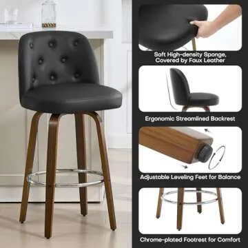 Bekrvio Bar Stools Set of 3, 26" Counter Height Swivel Bar Stools with Back,Walnut Bentwood Legs, Faux Leather Upholstered Counter Stools, Modern Counter Chairs Bar Stool for Kitchen Island, Black