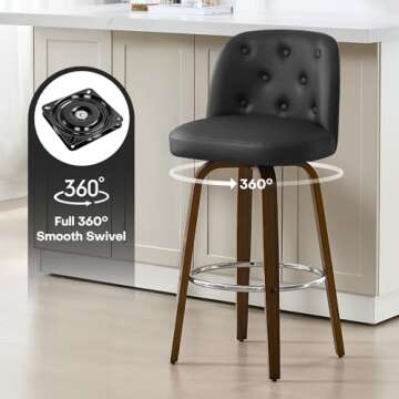 Bekrvio Bar Stools Set of 3, 26" Counter Height Swivel Bar Stools with Back,Walnut Bentwood Legs, Faux Leather Upholstered Counter Stools, Modern Counter Chairs Bar Stool for Kitchen Island, Black